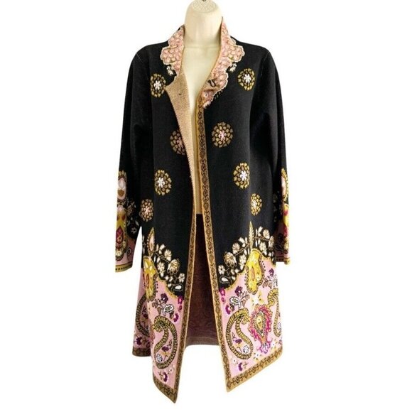 Max Sport Woman's Sz M Black Pink Gold Paisley Floral Long Duster Cardigan - Picture 1 of 11